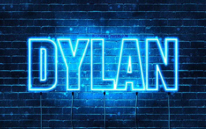 Dylan, 4k, les papiers peints avec les noms, le texte horizontal, Dylan nom, bleu n&#233;on, une photo avec le nom Dylan