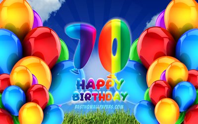 4k, 嬉しい70歳の誕生日, 曇天の背景, 誕生パーティー, カラフルなballons, 作品, 70歳の誕生日, 誕生日プ, 70誕生パーティー