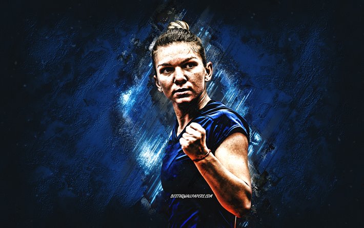 Simona Halep, 肖像, ルーマニアテニスプレイヤー, WTA, 青石の背景, テニス
