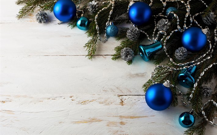Blue christmas balls, Happy New Year, Christmas background, Blue Christmas bells, Christmas, white wood texture