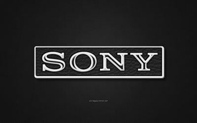 Sony leather logo, black leather texture, emblem, Sony, creative art, black background, Sony logo