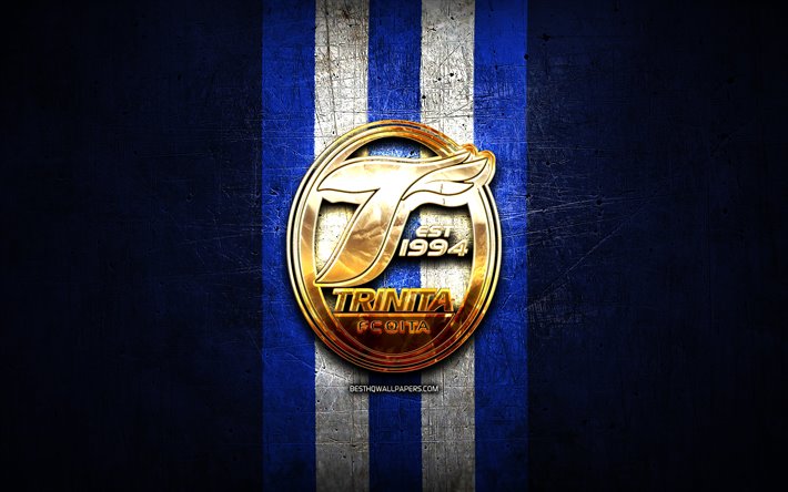 oita trinita-fc-golden logo, j1 league, blau metall-hintergrund, fu&#223;ball, oita trinita, japanische fu&#223;ball-club, oita trinita-logo, j-league, japan