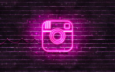 Instagram p&#250;rpura logo, 4k, p&#250;rpura brickwall, Instagram logotipo, marcas, Instagram ne&#243;n logotipo de Instagram