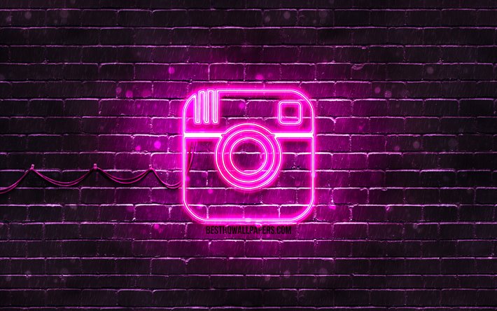 Instagram viola logo, 4k, viola brickwall, Instagram logo, marchi, Instagram neon logo, Instagram