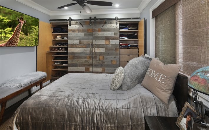 camera da letto, un elegante design di interni, grigio, legno, armadio dei vestiti, armadio della camera da letto piccola, interni in grigio colori