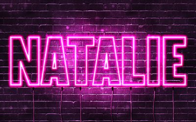Natalie, 4k, wallpapers with names, female names, Natalie name, purple neon lights, horizontal text, picture with Natalie name