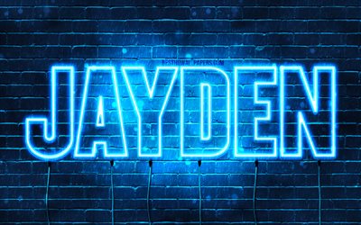 Jayden, 4k, fondos de pantalla con los nombres, el texto horizontal, Jayden nombre, luces azules de ne&#243;n, imagen con Jayden nombre