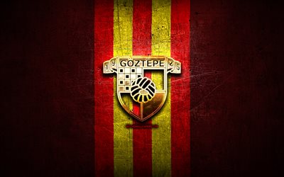 Goztepe FC, golden logo, Turkish Super League, red metal background, football, Goztepe SK, Turkish football club, Goztepe logo, Super Lig, soccer, Turkey