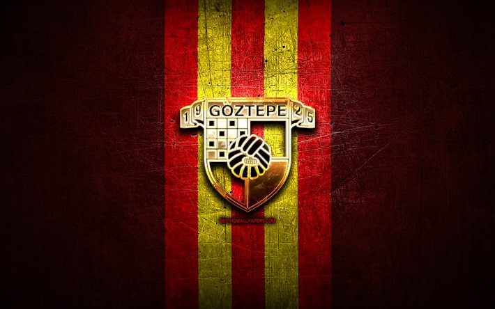 Goztepe FC, ouro logotipo, Super League Turca, vermelho de metal de fundo, futebol, Goztepe SK, Turco futebol clube, Goztepe logotipo, Super Lig, A turquia