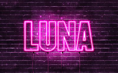 Luna, 4k, taustakuvia nimet, naisten nimi&#228;, Luna nimi, violetti neon valot, vaakasuuntainen teksti, kuva Luna nimi