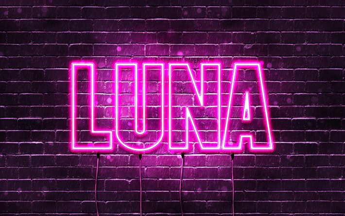 Descargar fondos de pantalla Luna, 4k, fondos de pantalla con los nombres,  los nombres femeninos, Luna nombre, púrpura luces de neón, el texto  horizontal, imagen con el nombre de la Luna libre.
