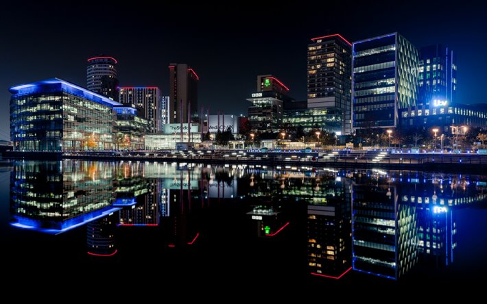 Manchester, natt, stadsbilden, skyskrapor, vackra byggnader, England, Storbritannien