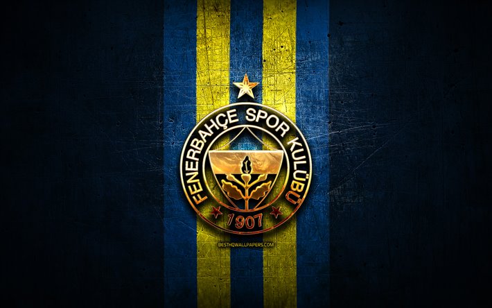 Fenerbahce FC, logo dor&#233;, turc Super League, bleu m&#233;tal, fond, football, Fenerbahce SK, turc, club de football, Fenerbahce logo, Super Lig, Turquie