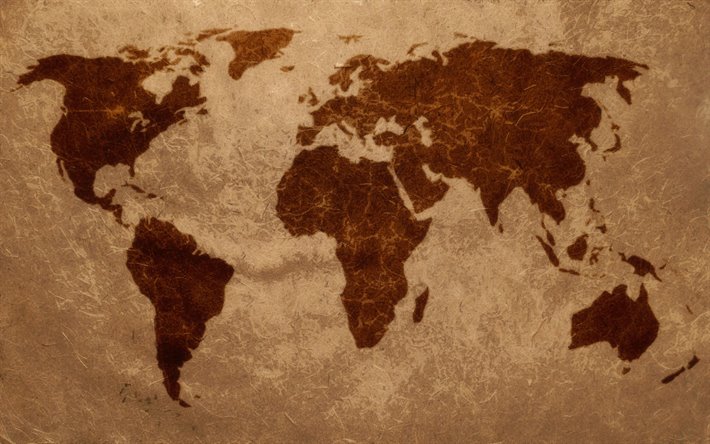 Carta vecchia Mappa del Mondo, creativo, grunge Mappa del Mondo, la vecchia carta, Mappa del Mondo, Concetto, metallo, griglia, mappa del mondo, opere d&#39;arte, le Mappe del Mondo