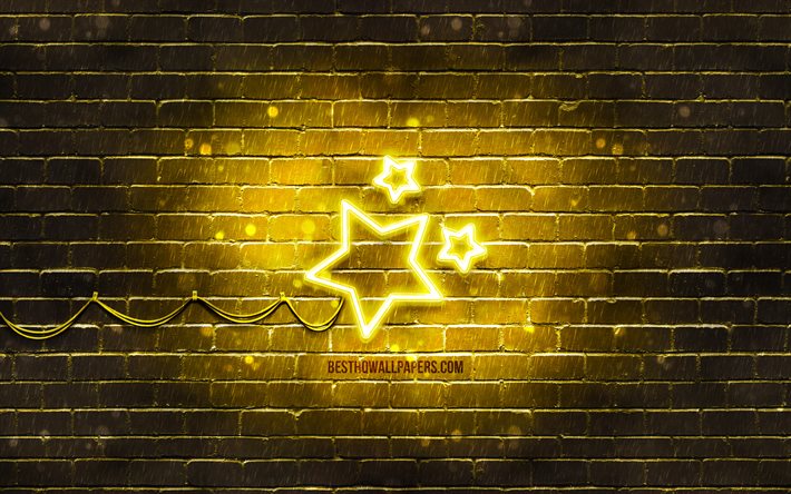 Stars neon icon, 4k, yellow background, neon symbols, Stars, neon icons, Stars sign, nature signs, Stars icon, nature icons