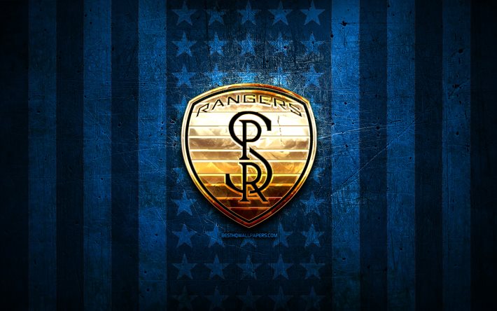 Swope Park Rangers flagga, USL, bl&#229; metall bakgrund, amerikansk fotbollsklubb, Swope Park Rangers logotyp, USA, fotboll, Swope Park Rangers FC, gyllene logotyp