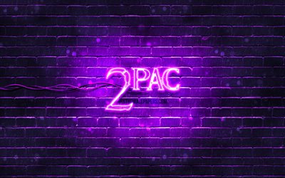2pac violet logo, 4k, superstars, Amerikan rap&#231;i, menekşe brickwall, 2pac logosu, Tupac Amaru Shakur, 2pac, m&#252;zik yıldızları, 2pac neon logosu