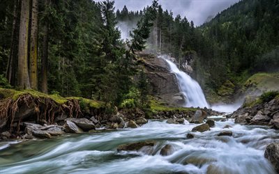 Krimml Waterfalls, Alps, mountain waterfall, mountains, forest, waterfalls in Austria, Krimmler Ache River, Austria