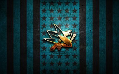 San Jose Sharks flag, NHL, blue black metal background, american hockey team, San Jose Sharks logo, USA, hockey, golden logo, San Jose Sharks