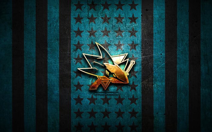 サンノゼシャークスの旗, NHL, ブルーブラックメタルの背景, アメリカのホッケーチーム, サンノゼシャークスのロゴ, 米国, ホッケー, 黄金のロゴ, サンノゼシャークス