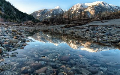 Yoho National Park, winter, beautiful nature, dry river, British Columbia, Canada, forest, North America, HDR