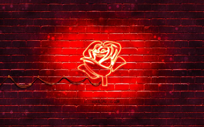 Icona al neon rosa rossa, 4K, sfondo rosso, simboli al neon, rosa rossa, icone al neon, segno della rosa rossa, fiori al neon, segni della natura, icona della rosa rossa, icone della natura