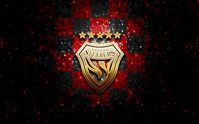 Pohang Steelers FC, glitter logo, J1 League, black red checkered background, soccer, japanese football club, Pohang Steelers logo, mosaic art, football, Pohang Steelers
