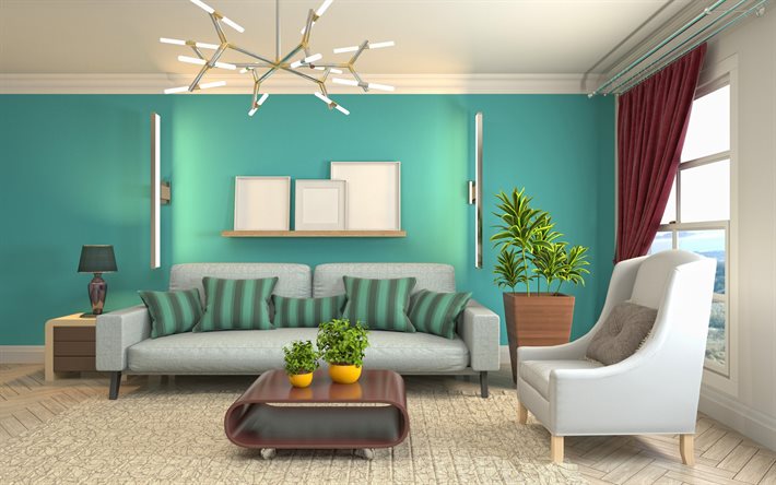 projeto de sala de estar, paredes turquesa na sala de estar, design de interior moderno, sala de estar, lustre criativo, interior de estilo cl&#225;ssico moderno