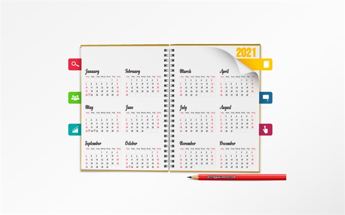 2021 Calendar, notepad, 2021 all months, Calendar for 2021, white background, 2021 concepts