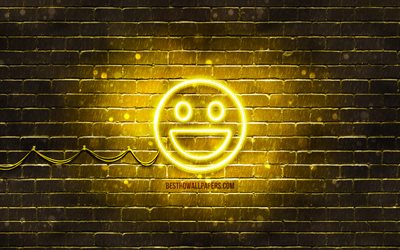 Smile neon icon, 4k, yellow background, smiley icons, Smile Emotion, neon symbols, Smile, neon icons, Smile sign, emotion signs, Smile icon, emotion icons