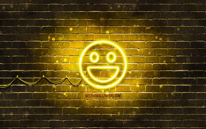 Icona di sorriso al neon, 4K, sfondo giallo, icone di smiley, Emozione sorriso, simboli al neon, sorriso, icone al neon, segno di sorriso, segni di emozione, icona di sorriso, icone di emozione