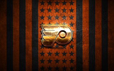 Philadelphia Flyers bayrağı, NHL, turuncu siyah metal arka plan, amerikan hokey takımı, Philadelphia Flyers logosu, ABD, hokey, altın logo, Philadelphia Flyers