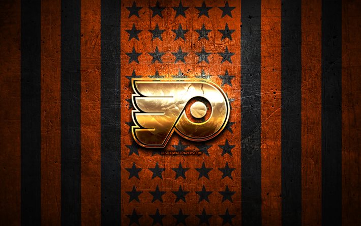Bandera de Philadelphia Flyers, NHL, fondo de metal negro naranja, equipo de hockey americano, logo de Philadelphia Flyers, Estados Unidos, hockey, logo dorado, Philadelphia Flyers