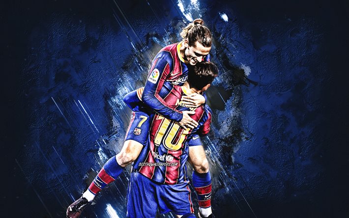 Lionel Messi, Antoine Griezmann, FC Barcelona, Liga dos Campe&#245;es, fundo de pedra azul, La Liga, futebol, estrelas do futebol mundial