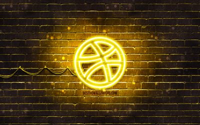 Dribbble yellow logo, 4k, yellow brickwall, Dribbble logo, social networks, Dribbble neon logo, Dribbble