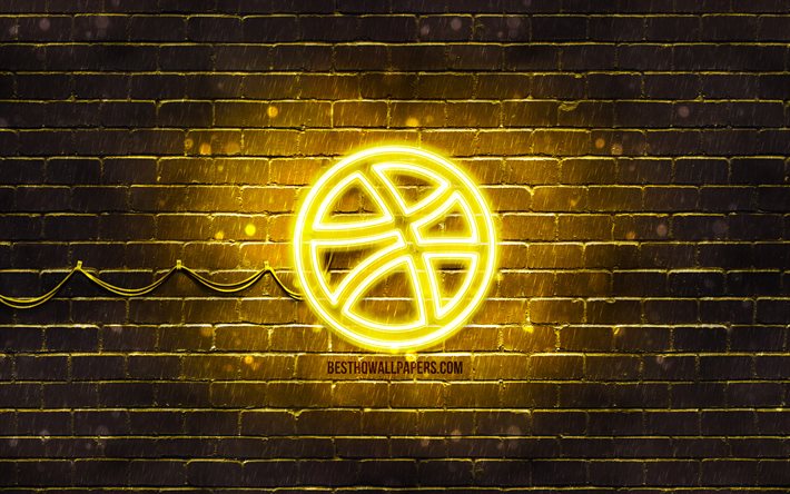 Logotipo amarelo do Dribbble, 4k, parede de tijolos amarelos, logotipo do Dribbble, redes sociais, logotipo do n&#233;on do Dribbble, Dribbble