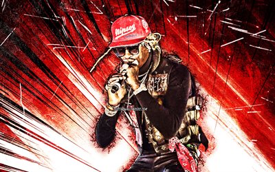 4k, Young Thug, grunge art, american rapper, music stars, creative, Young Thug with microphone, Jeffery Lamar Williams, red abstract rays, american celebrity, Young Thug 4K