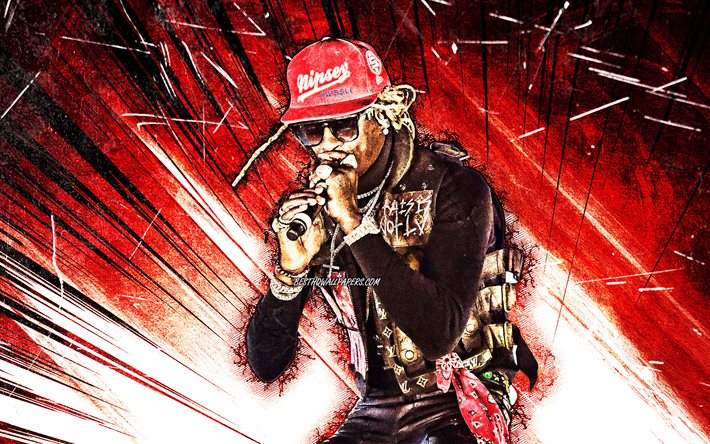 4k, Young Thug, arte grunge, rapper americano, estrelas da m&#250;sica, criativo, Young Thug com microfone, Jeffery Lamar Williams, raios abstratos vermelhos, celebridade americana, Young Thug 4K