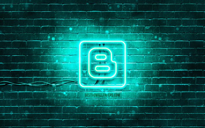 Blogger turquoise logo, 4k, turquoise brickwall, Blogger logo, social networks, Blogger neon logo, Blogger