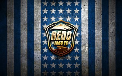 Reno FC flag, USL, blue white metal background, american soccer club, Reno FC logo, USA, soccer, Reno FC, golden logo