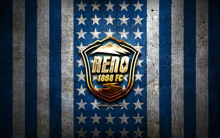 Bandiera Reno FC, USL, sfondo blu metallo bianco, club di calcio americano, logo Reno FC, USA, calcio, Reno FC, logo dorato