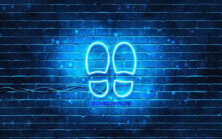 Icona al neon di impronta, 4k, sfondo blu, simboli al neon, impronta, icone al neon, segno di impronta, segni di persone, icona di impronta, icone di persone