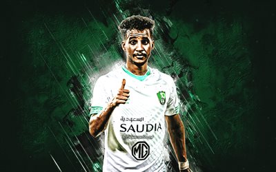 Abdulrahman Ghareeb, Al-Ahli, Saudi Arabian footballer, Pro League, green stone background, portrait, Saudi Arabia, football