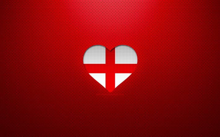 J&#39;aime l&#39;Angleterre, 4k, Europe, fond pointill&#233; rouge, coeur de drapeau anglais, Angleterre, pays pr&#233;f&#233;r&#233;s, amour en Angleterre, drapeau anglais