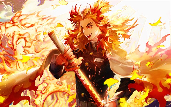 Download Wallpapers 4k Rengoku Kyoujurou Battle Kimetsu No Yaiba