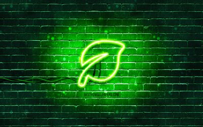 Leaf neon icon, 4k, green background, neon symbols, Leaf, neon icons, Leaf sign, ecology signs, Leaf icon, ecology icons