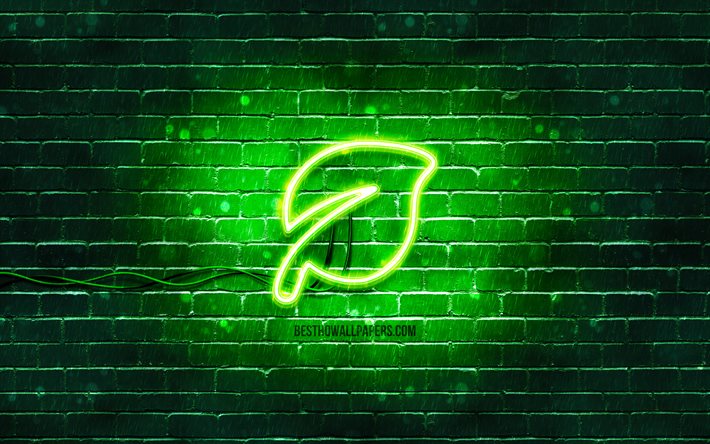 Icona al neon foglia, 4K, sfondo verde, simboli al neon, foglia, icone al neon, segno foglia, segni di ecologia, icona foglia, icone di ecologia