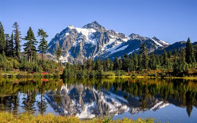 Monte Shuksan, 4k, lago, floresta, ver&#227;o, Parque Nacional North Cascades, montanhas, EUA, Condado de Whatcom, Washington, Am&#233;rica, bela natureza