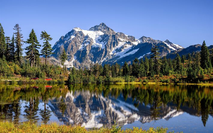 Mount Shuksan, 4k, lake, forest, summer, North Cascades National Park, mountains, USA, Whatcom County, Washington, America, beautiful nature