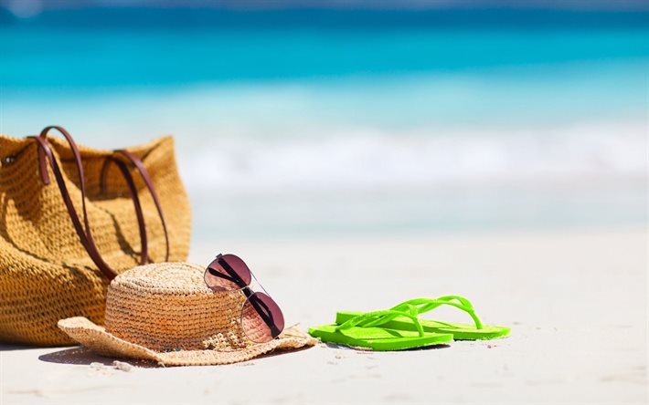 beach accessories, summer, beach, wicker hat, Sunglasses, summer travel concepts